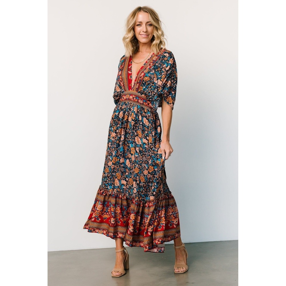 Baltic Born Dress Womens Extra Large Red Floral V Neck Maxi Peasant Cottage